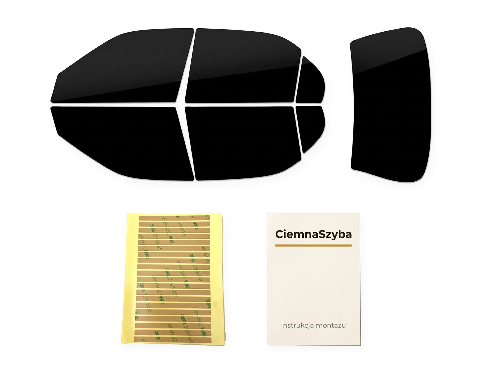 The CiemnaSzyba kit — cut panels, 3M tape strips and fitting instructions